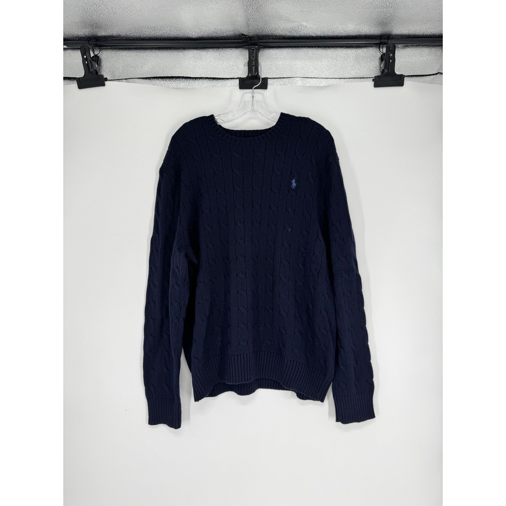 Polo Ralph Lauren Cable Knit Crewneck Sweater Mens XL Navy 100% Cotton Pullover